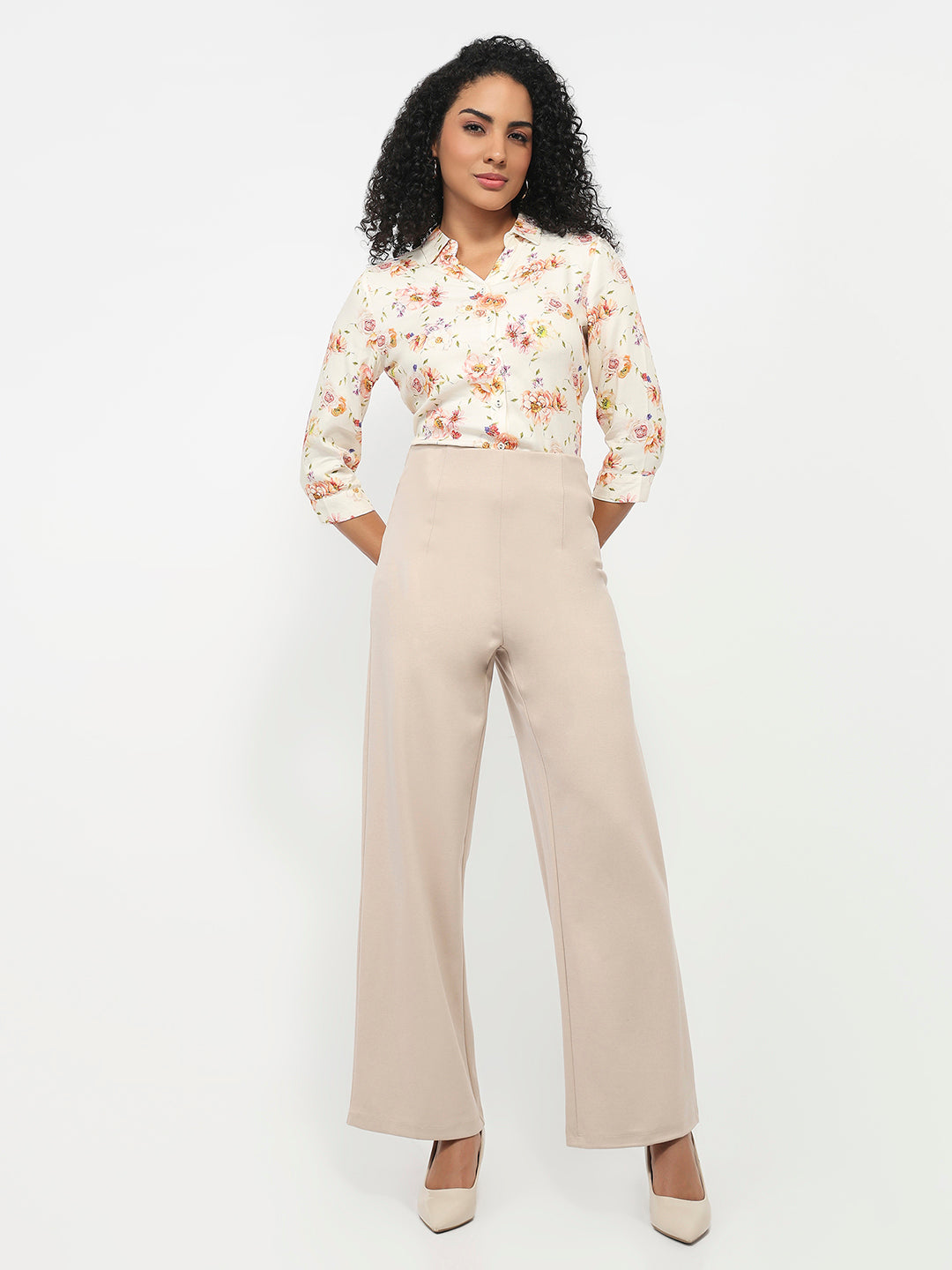 Women Beige Wide Leg Treggings