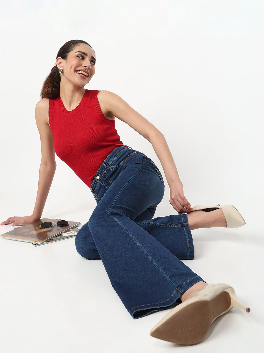 Women Dark Blue High-Rise Flare Jeans