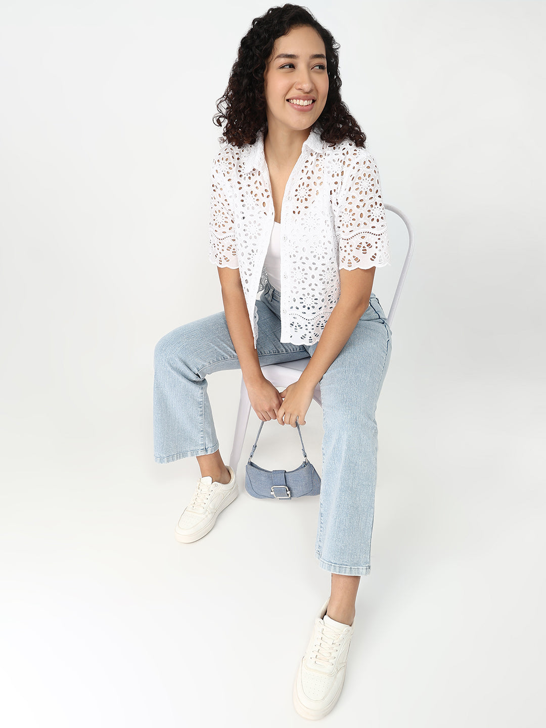 Women White Crop Slim Shirt