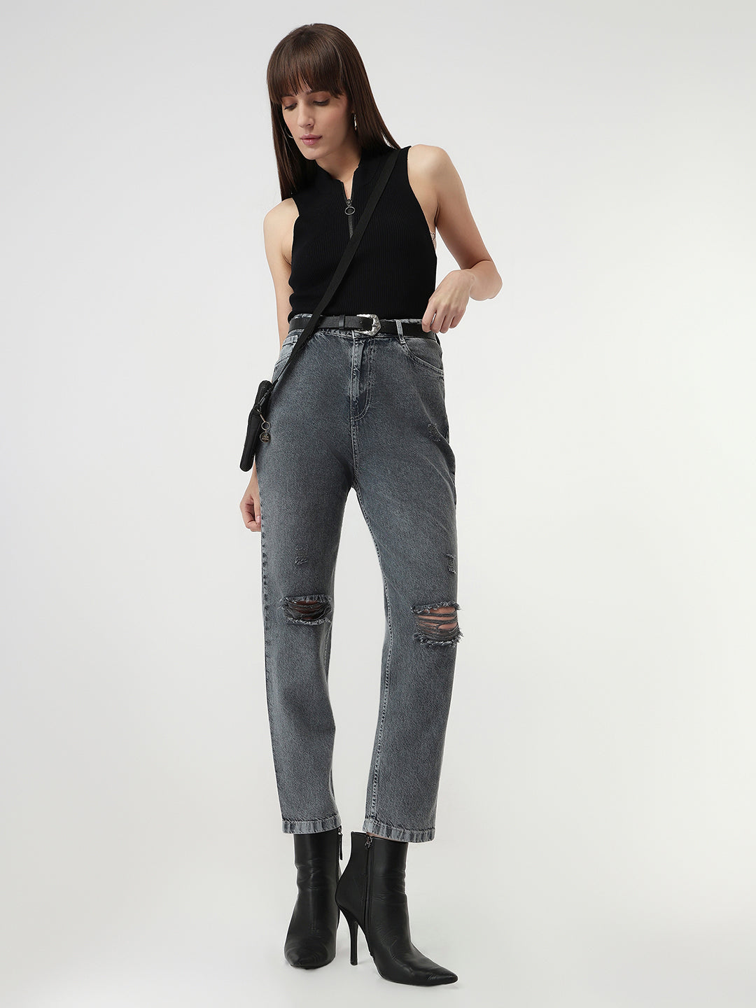 Women Grey High-Rise Mom Fit Jeans