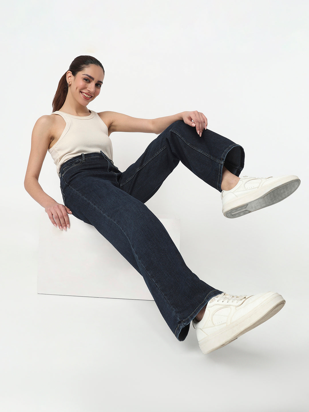 Women Dark Blue High-Rise Wide Leg Jeans