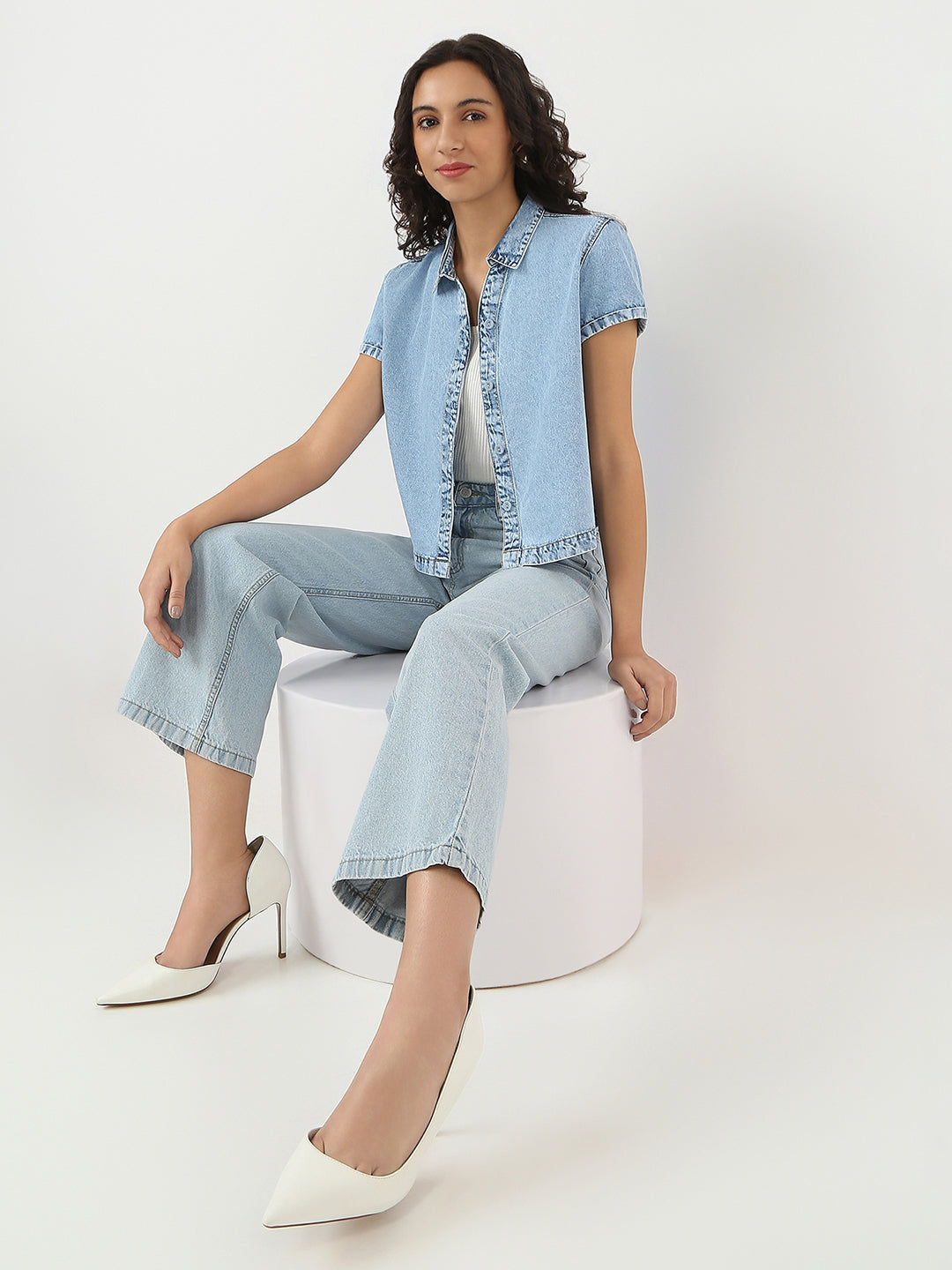 Women Light Blue Crop Denim Shirt