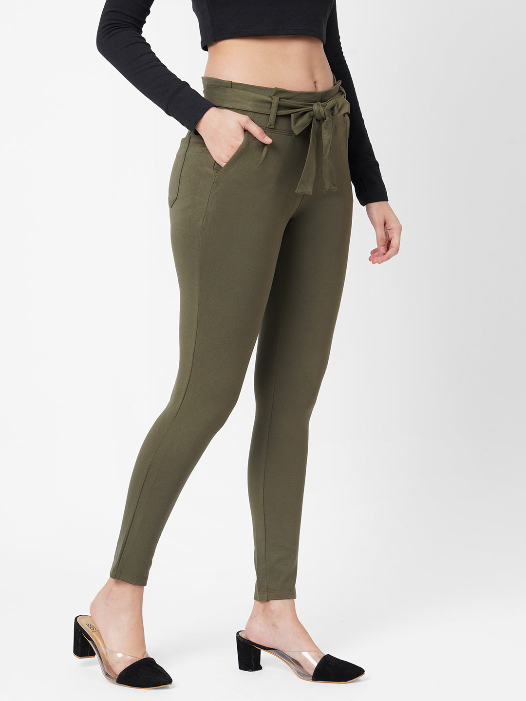 Women High-Rise Knitted Paper Bag Pants