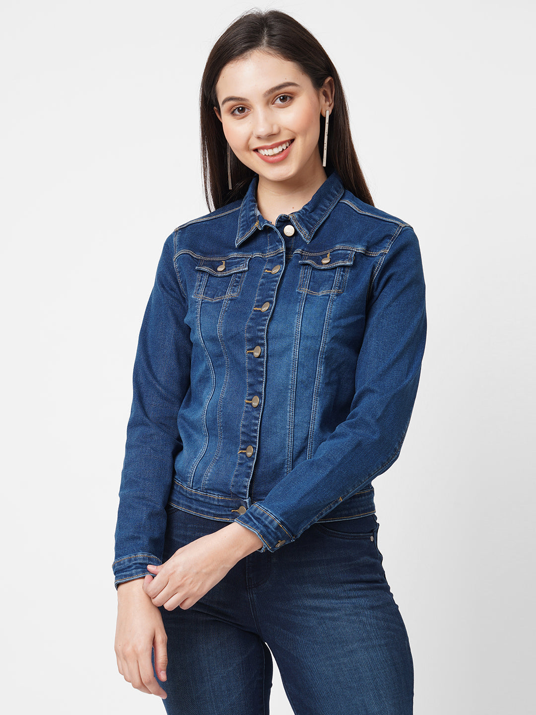 Women Blue Solid Denim Jacket