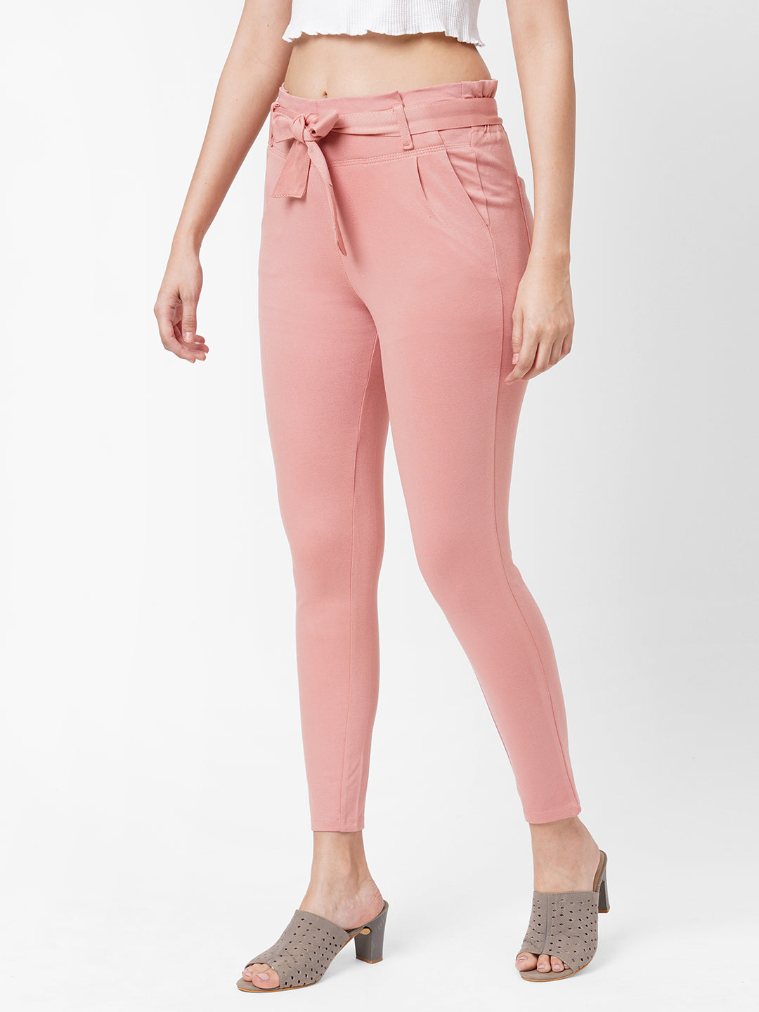 Women Blush Pink High-Rise Paper Bag Pants