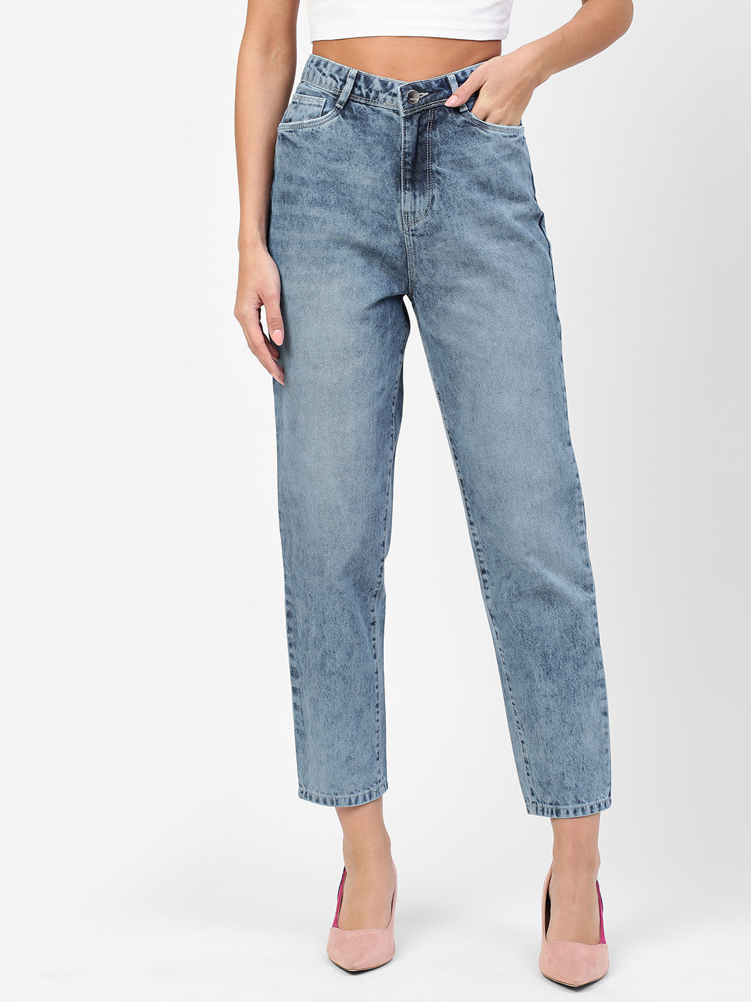 Women Light Blue High-Rise Mom Fit Jeans