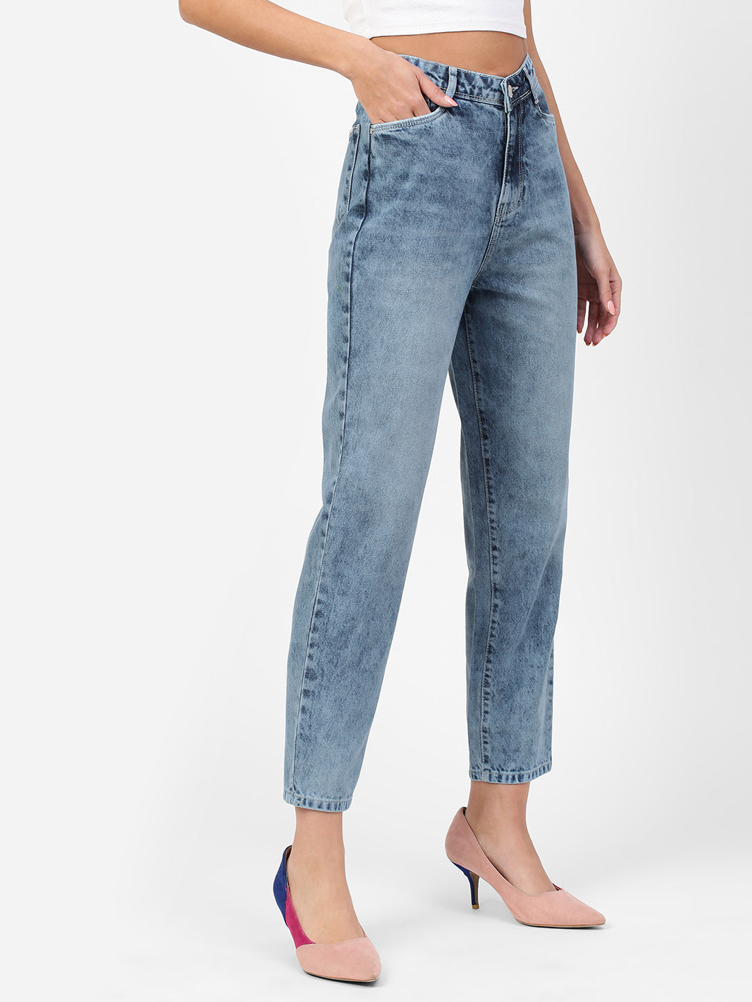 Women Light Blue High-Rise Mom Fit Jeans