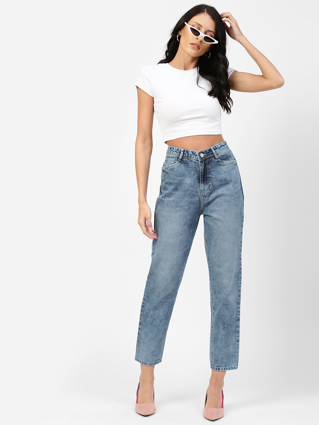 Women Light Blue High-Rise Mom Fit Jeans