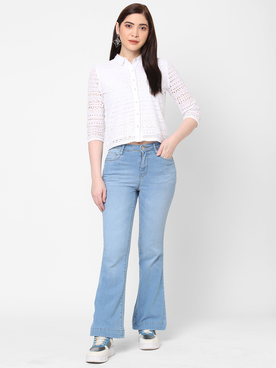 Women Bleach & White Slim Crop Shirt