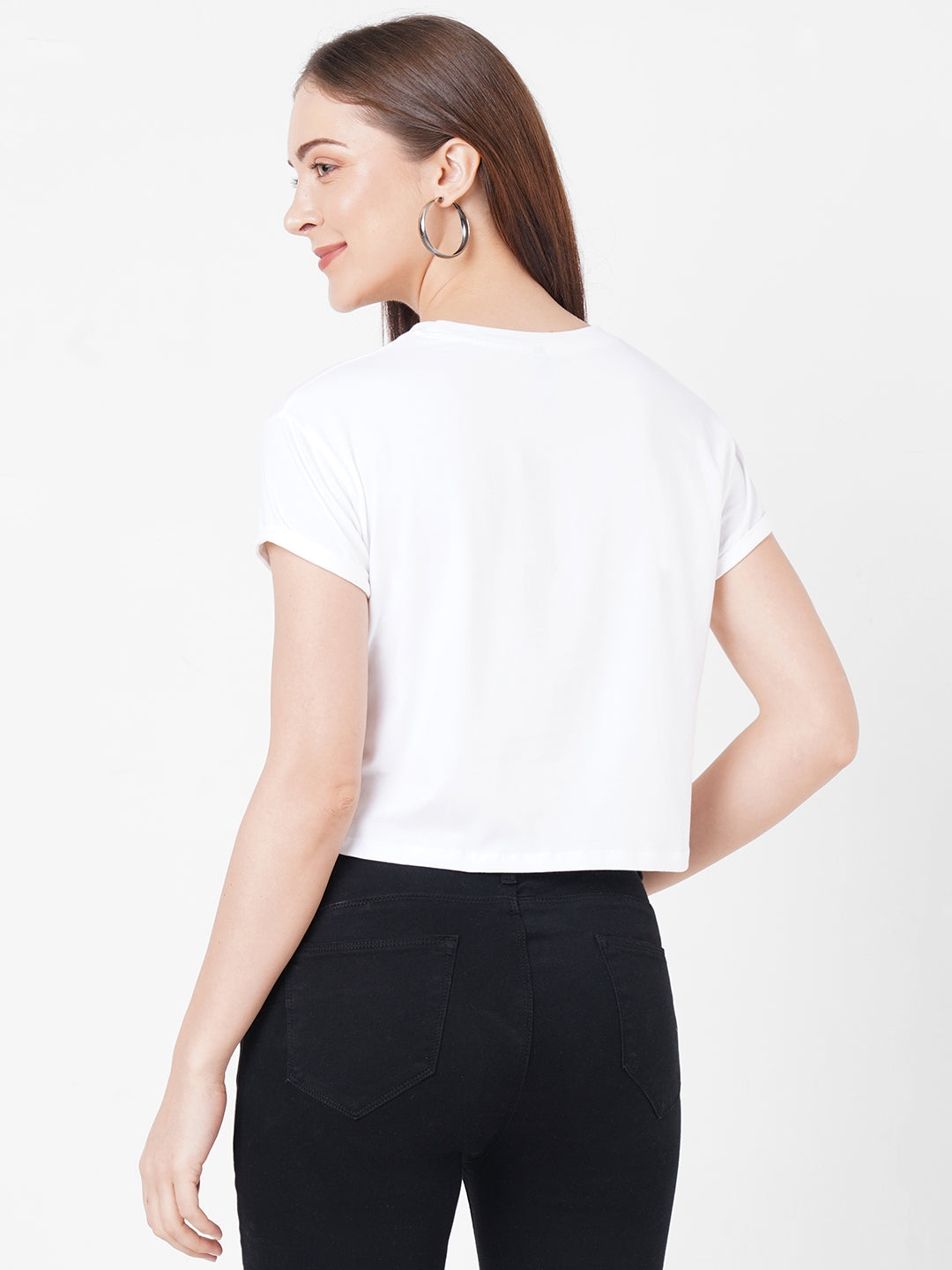 Women Slim Fit White Crop Graphic Tees