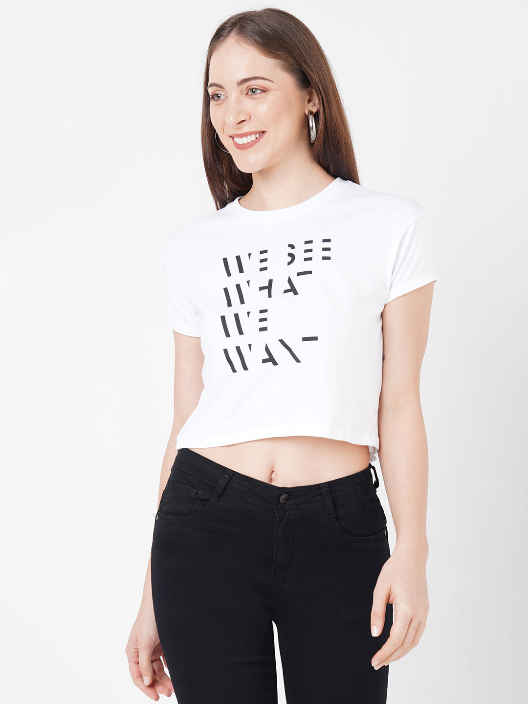 Women Slim Fit White Crop Graphic Tees