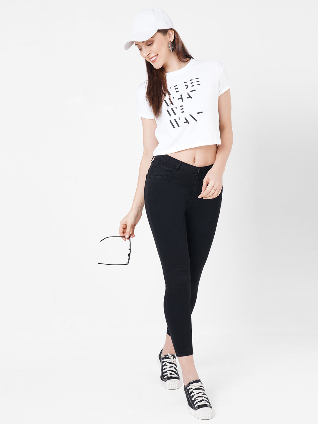 Women Slim Fit White Crop Graphic Tees