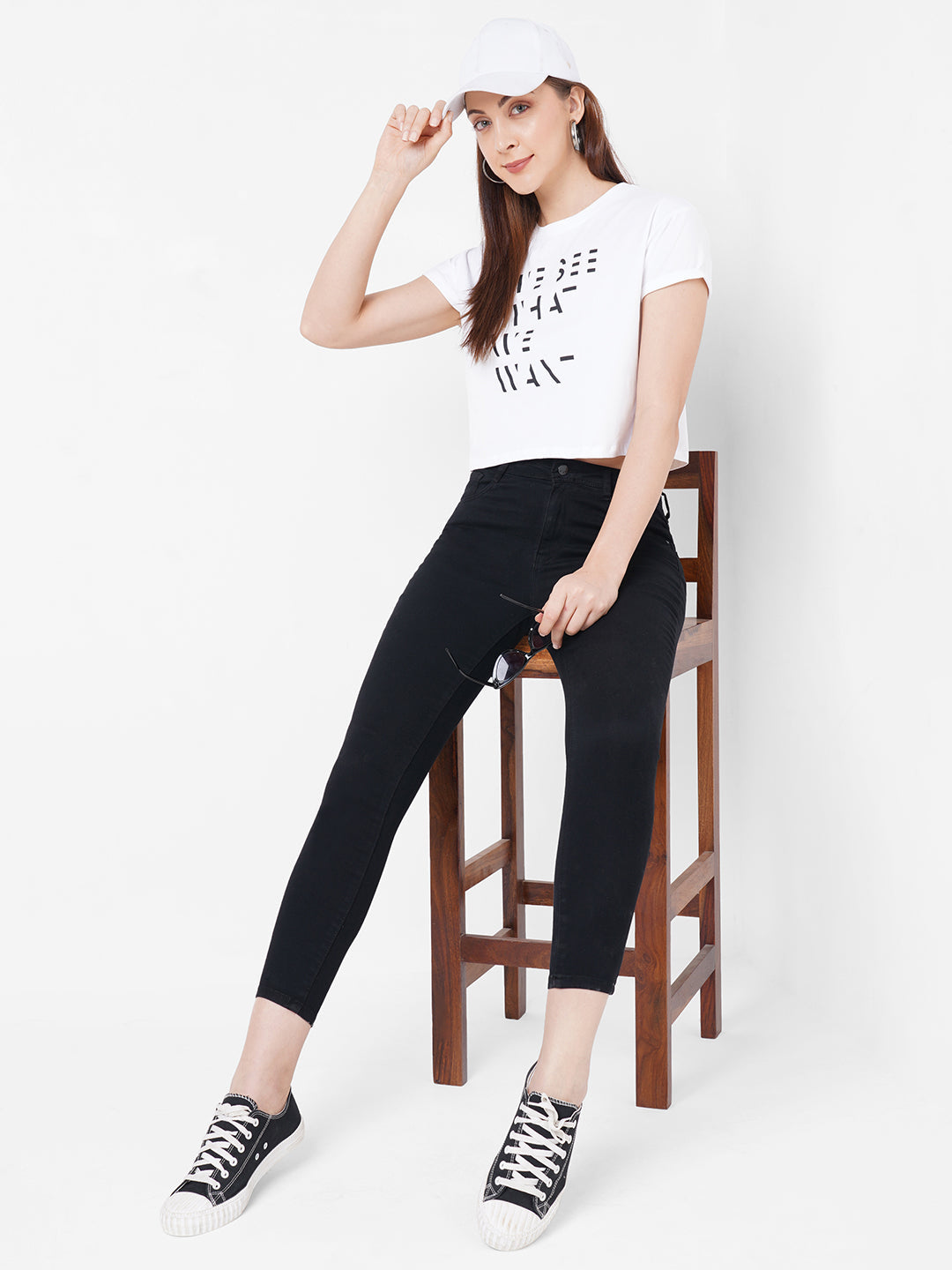 Women Slim Fit White Crop Graphic Tees