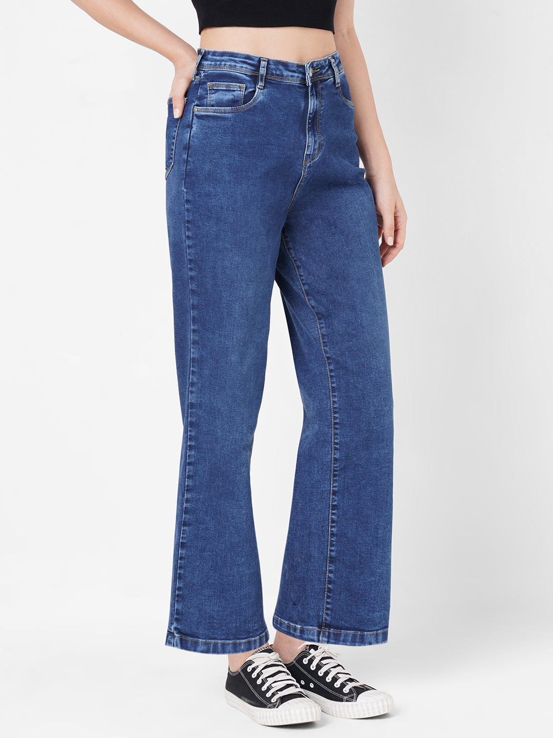 Women Blue High-Rise Parallel Wide Leg Jeans