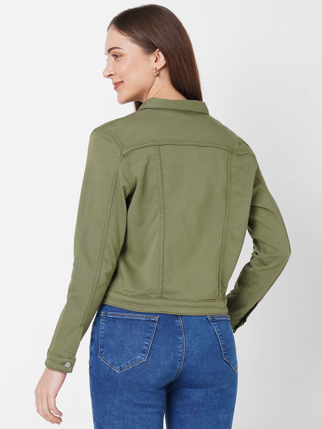 Women Olive Solid Denim Jacket