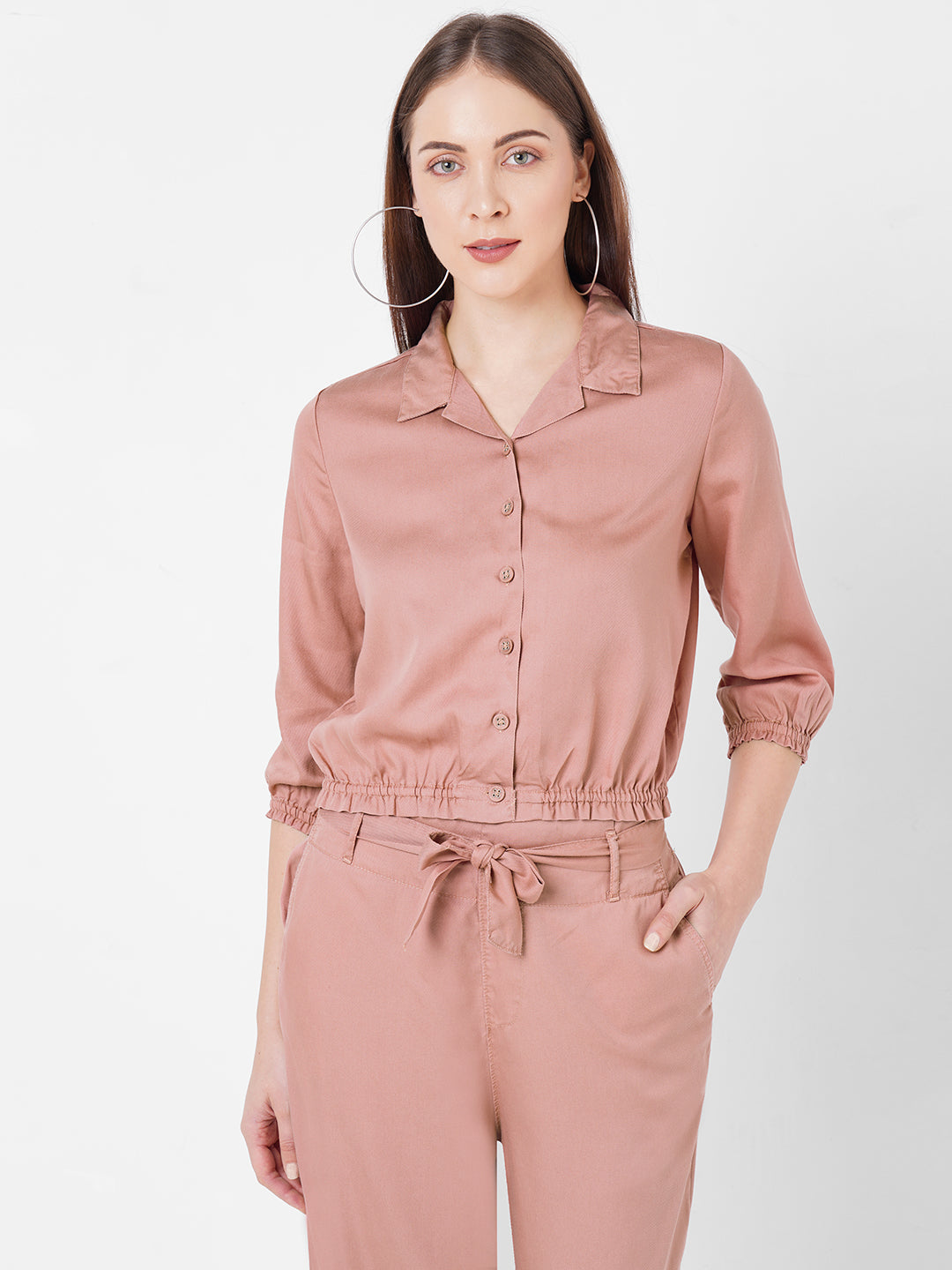Women Pink Solid Crop Shirt