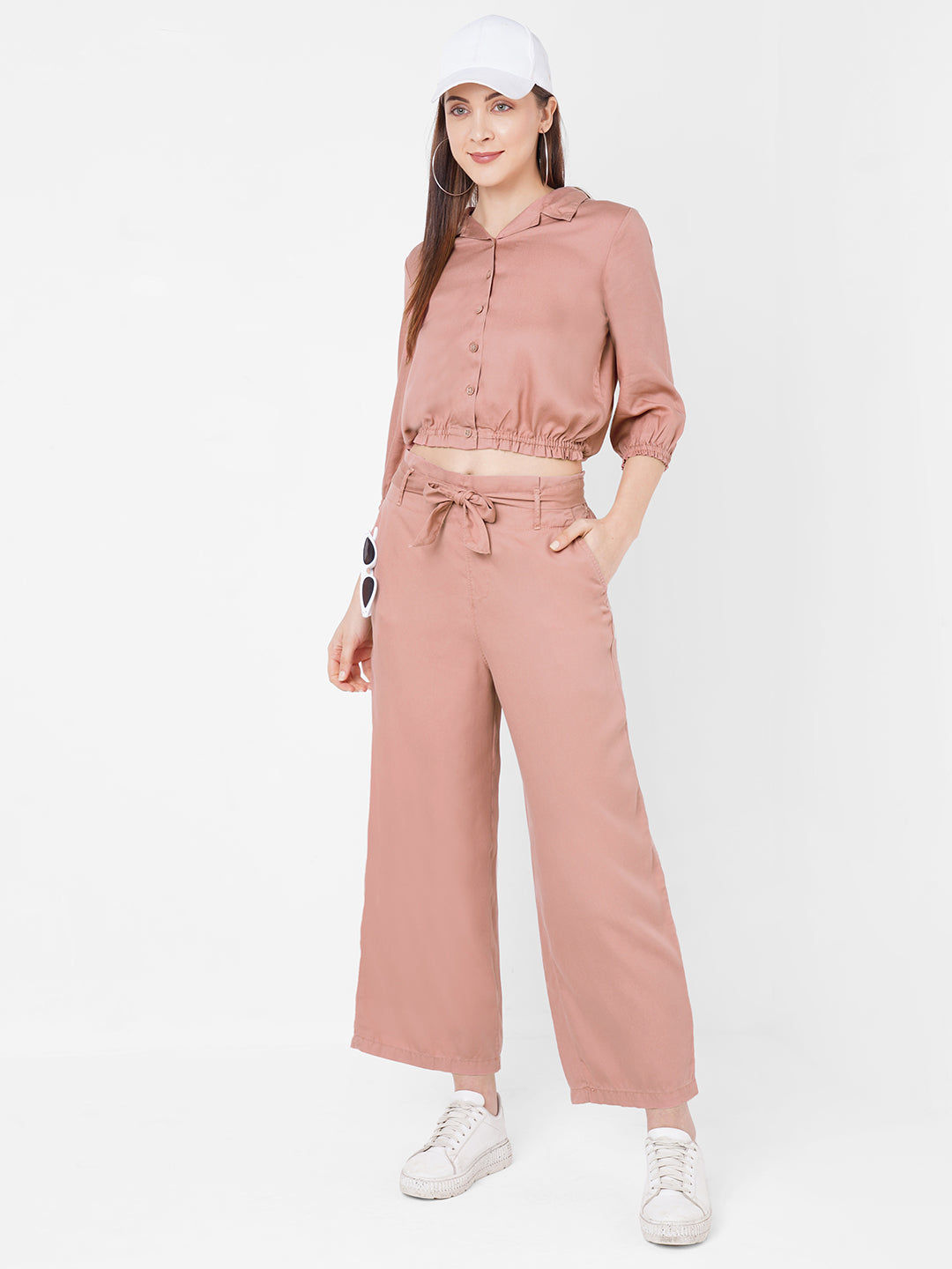 Women Pink Solid Crop Shirt