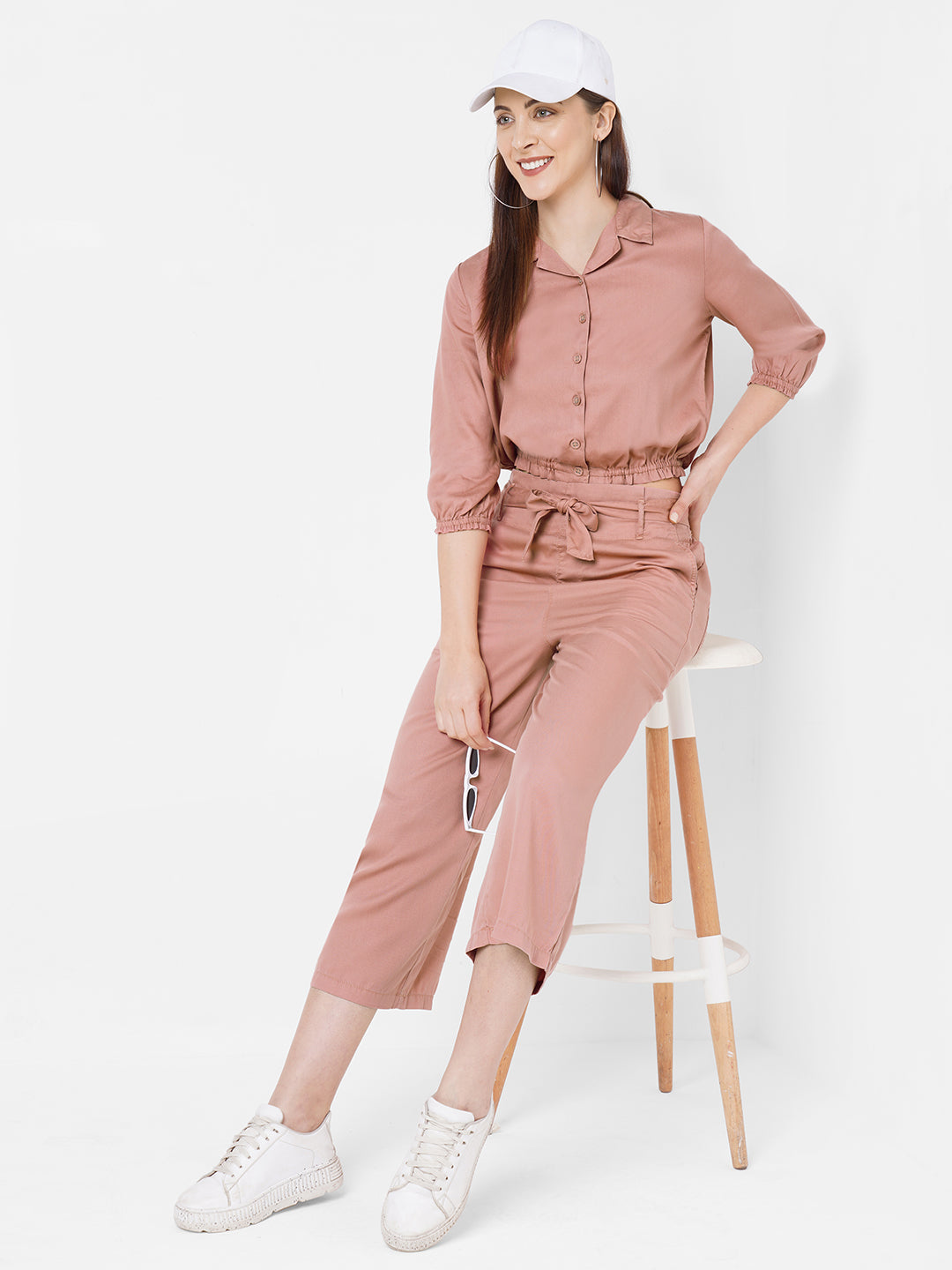 Women Pink Solid Crop Shirt