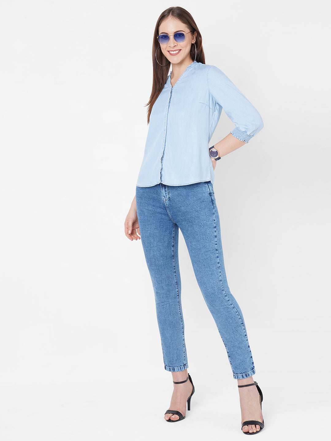 Women Blue Solid Denim Shirt