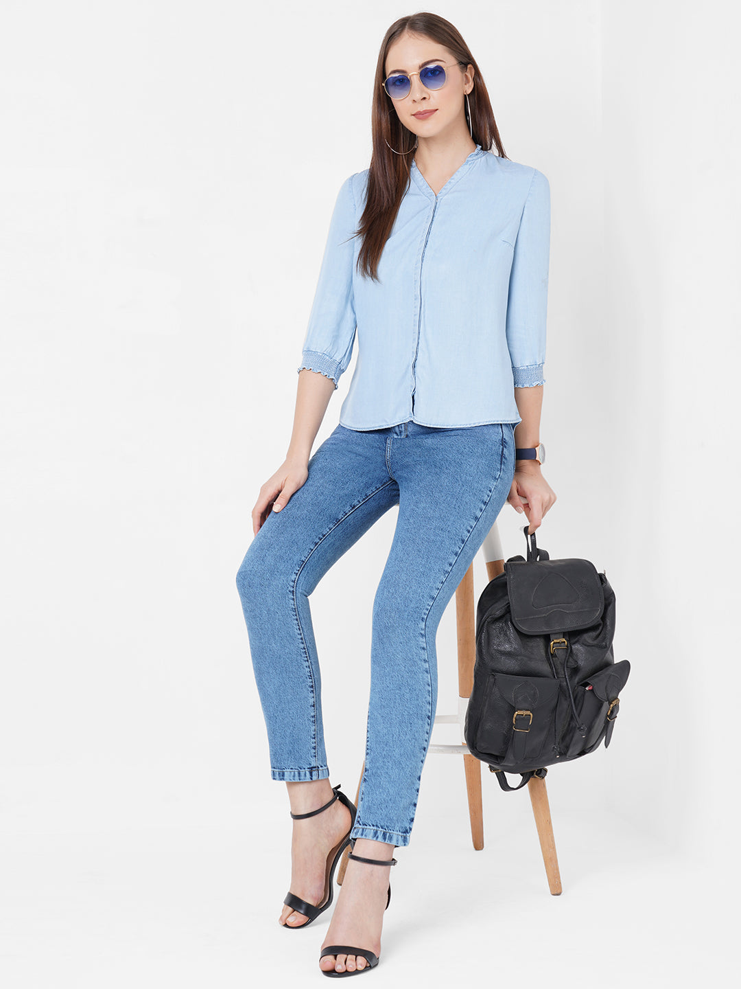 Women Blue Solid Denim Shirt