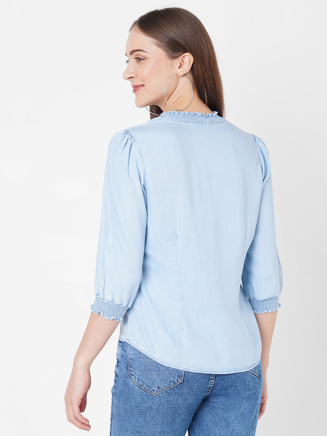 Women Blue Solid Denim Shirt