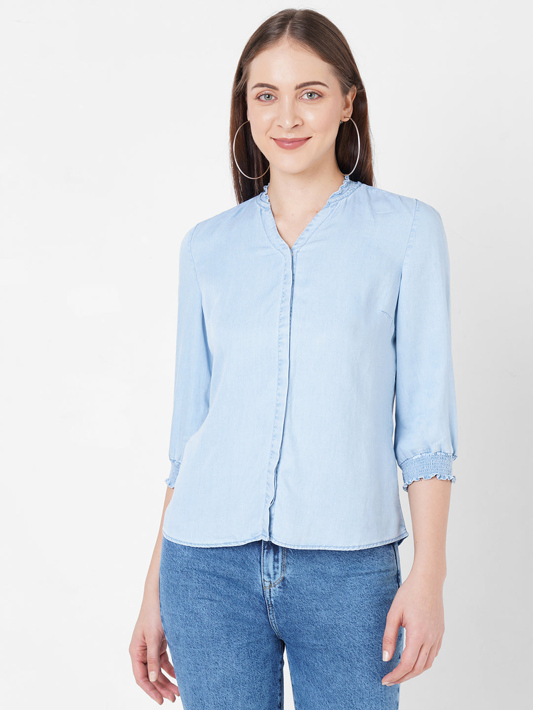 Women Blue Solid Denim Shirt