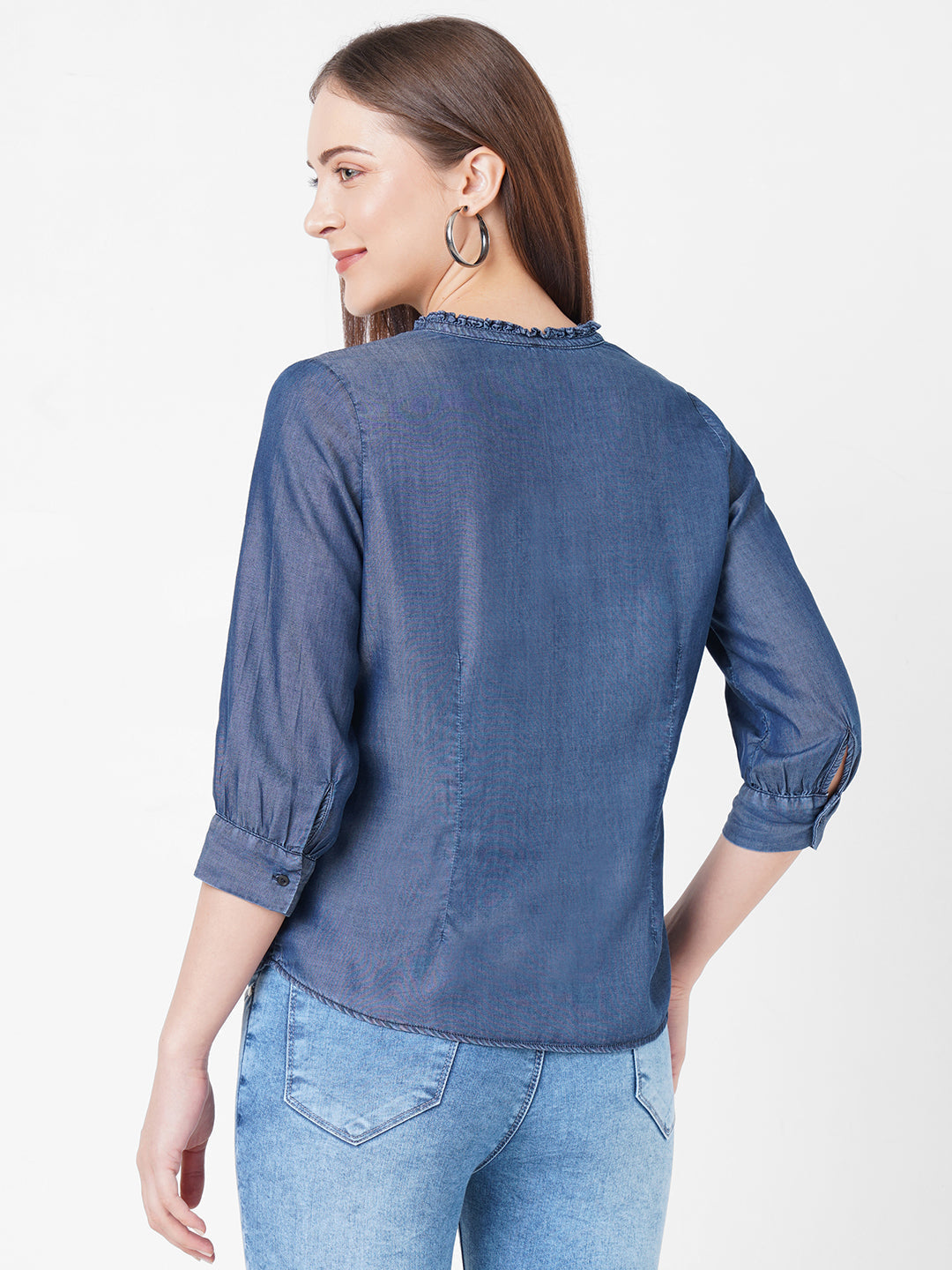 Women Blue Solid Denim Shirt
