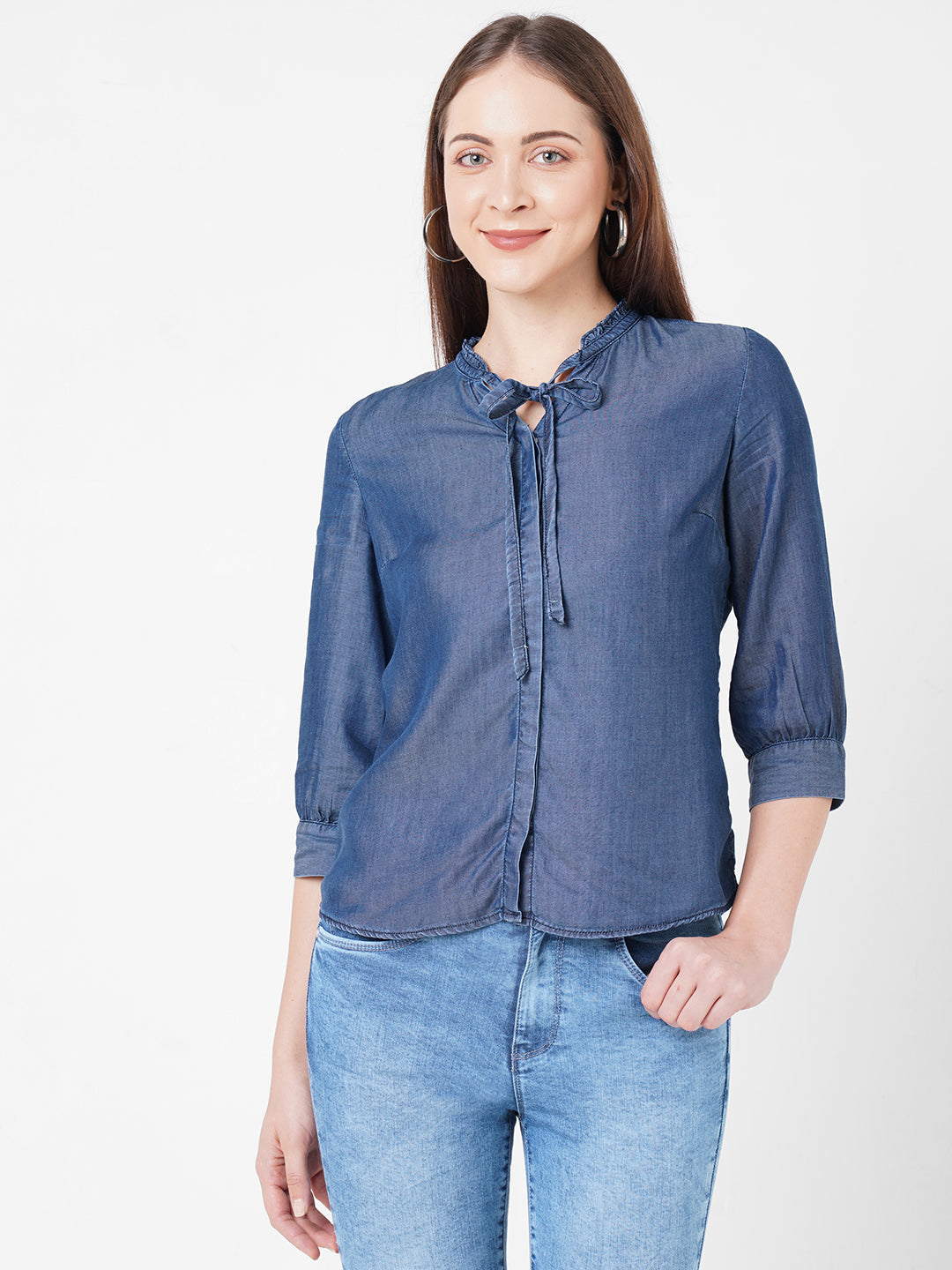 Women Blue Solid Denim Shirt