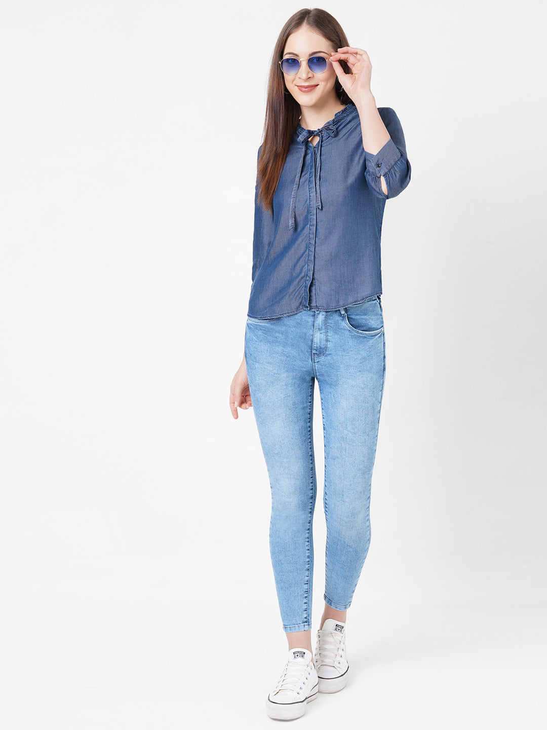 Women Blue Solid Denim Shirt
