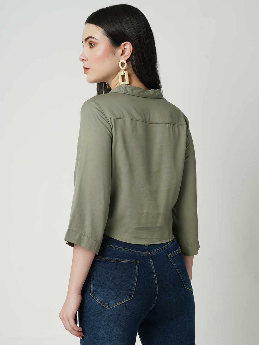 Women Light Olive Crop Shirt