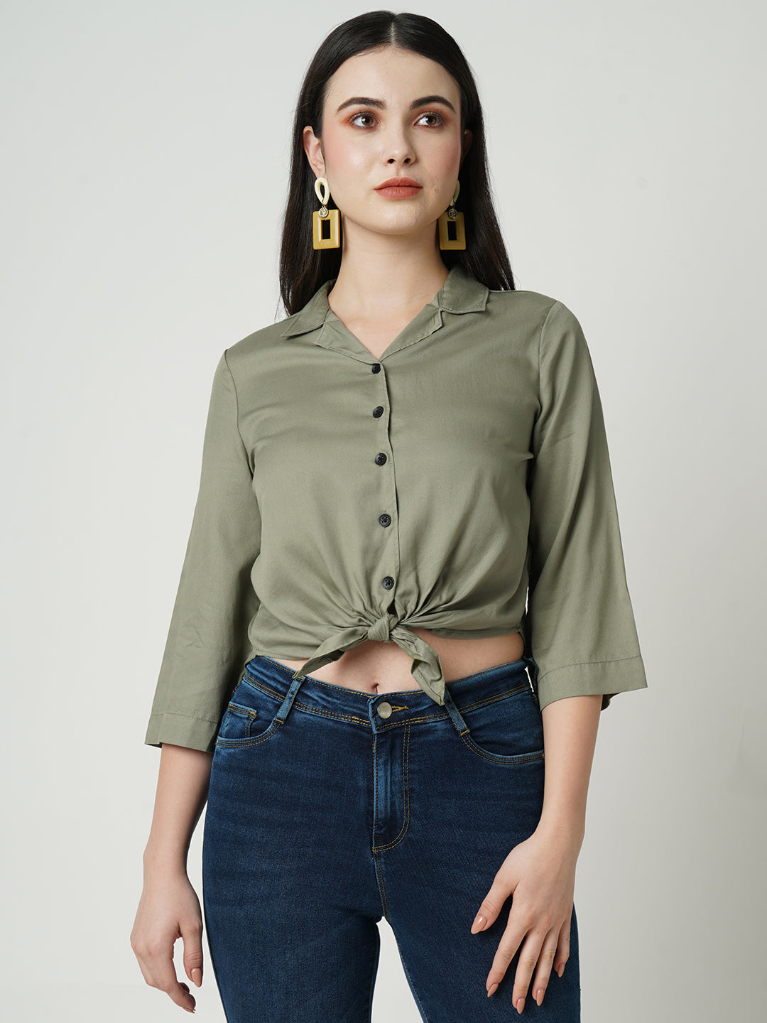 Women Light Olive Crop Shirt