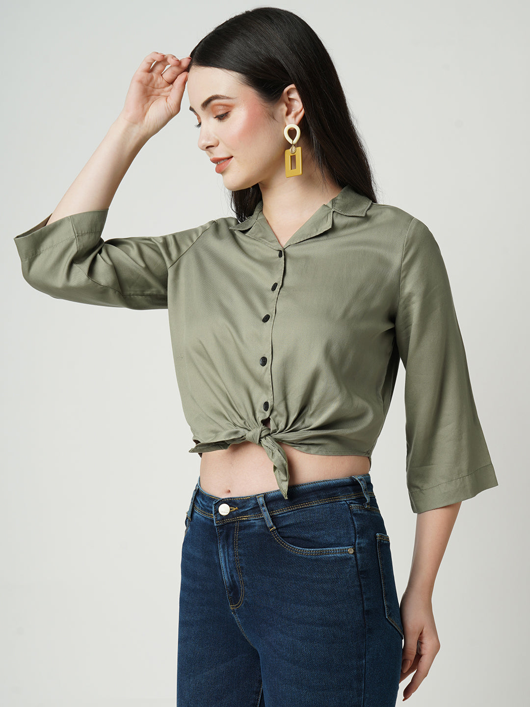 Women Light Olive Crop Shirt