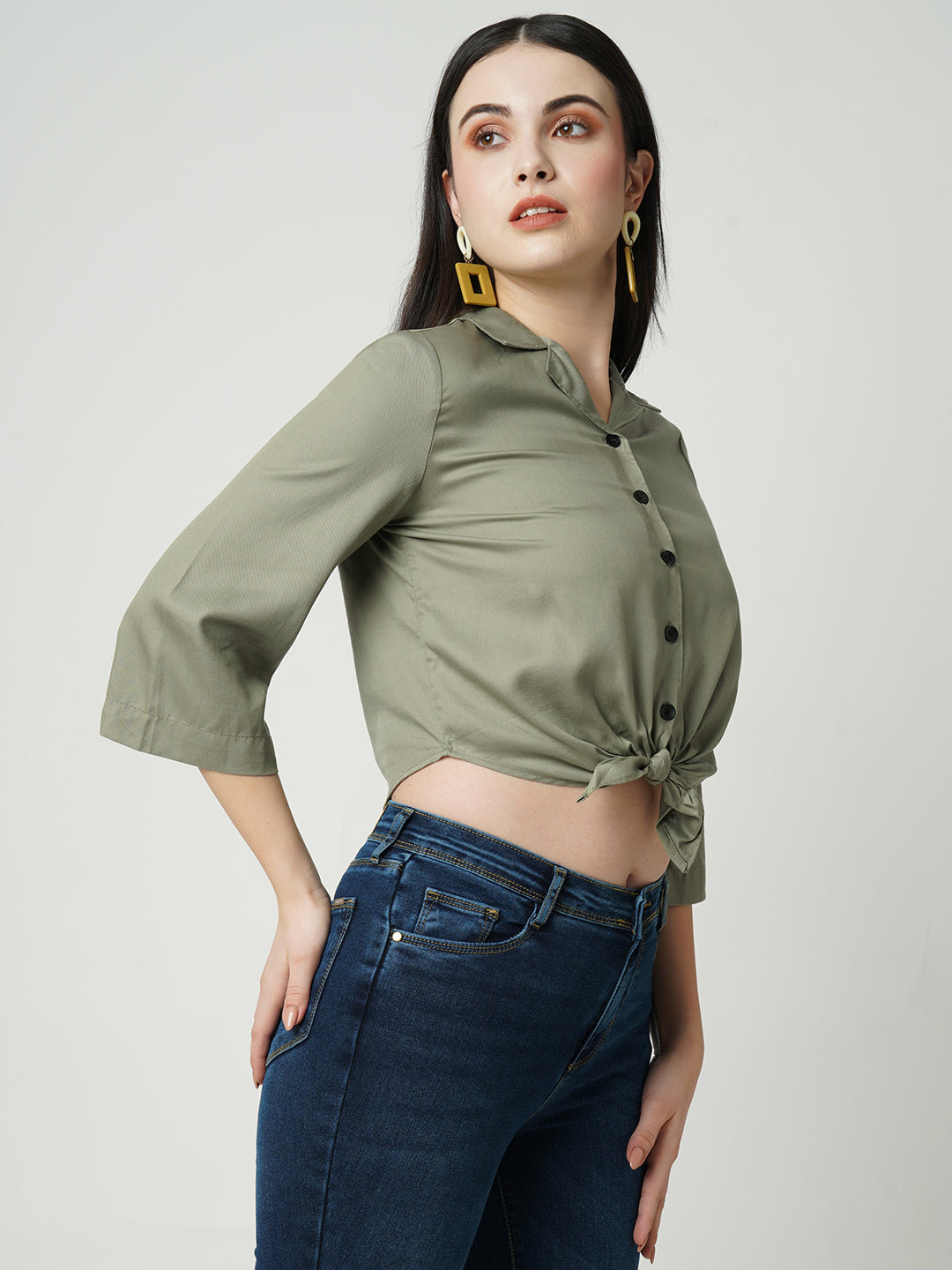 Women Light Olive Crop Shirt