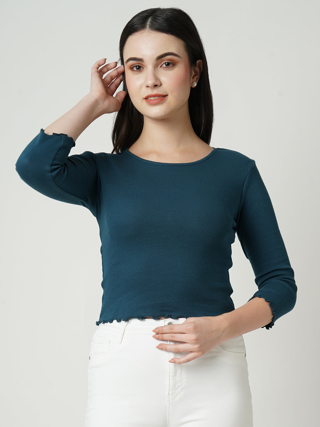 Women Teal Solid Slim T-Shirt