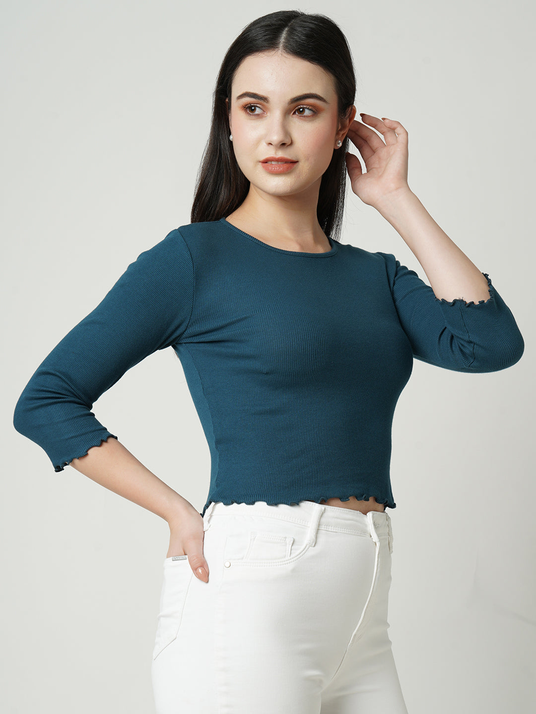 Women Teal Solid Slim T-Shirt