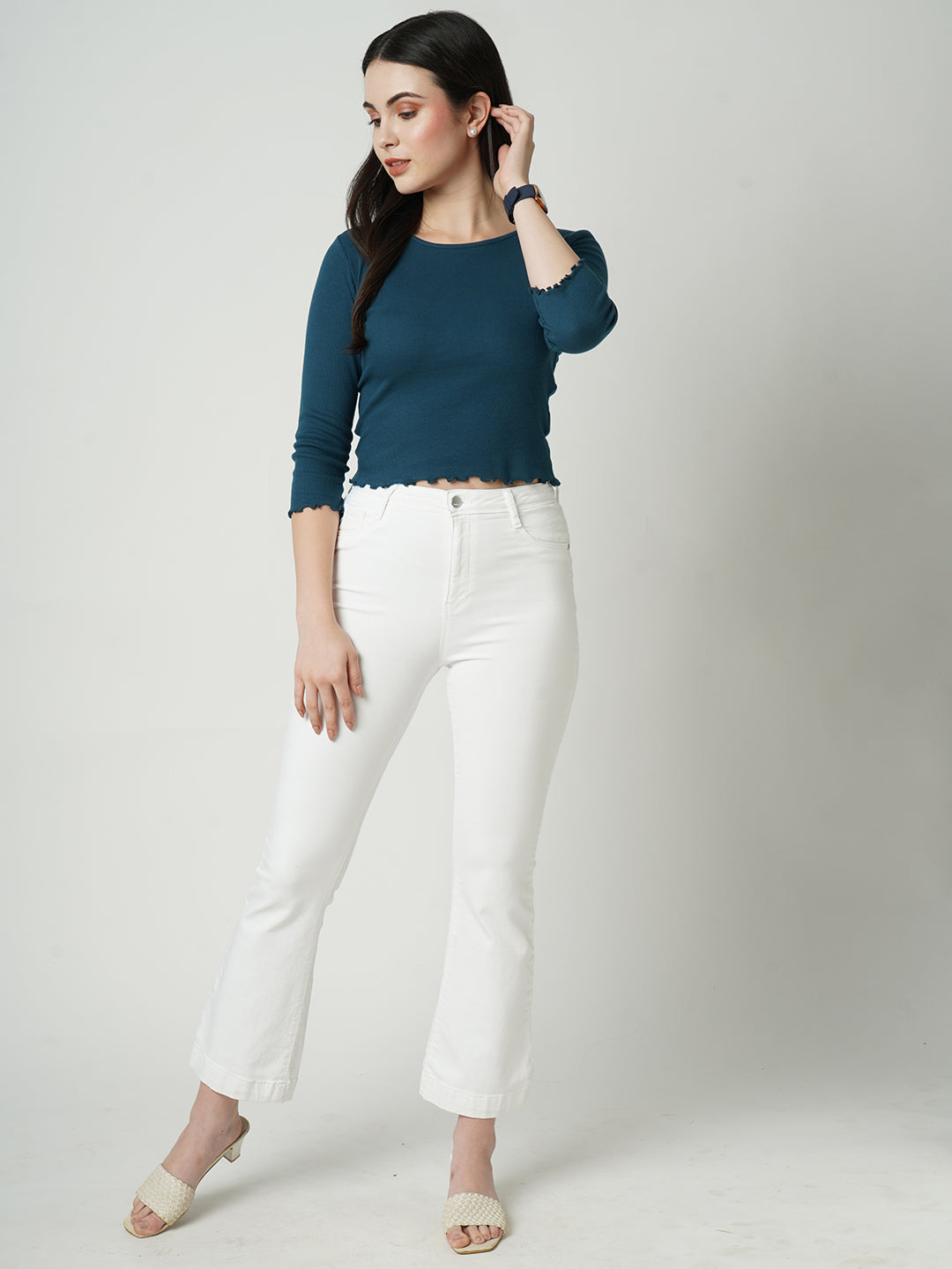 Women Teal Solid Slim T-Shirt