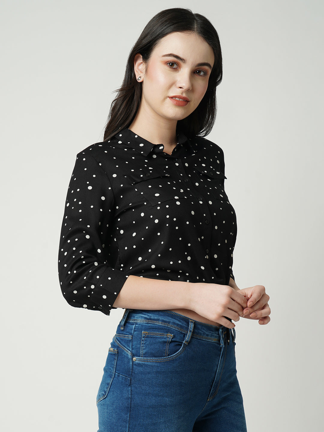Women Black Polka Dot Slim Shirt