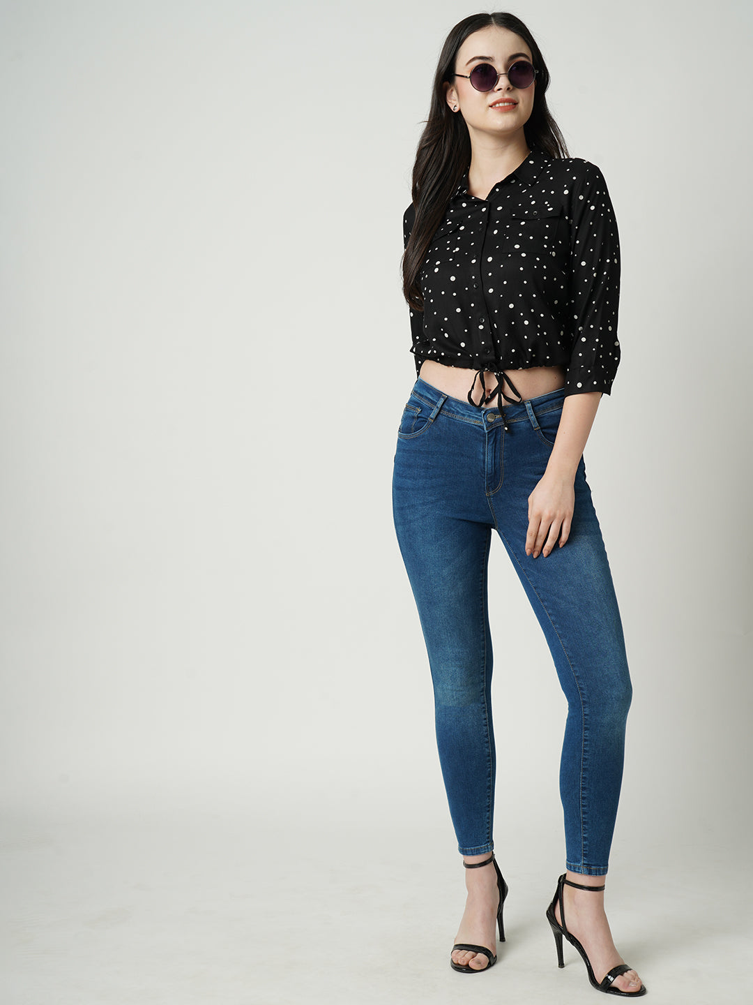 Women Black Polka Dot Slim Shirt