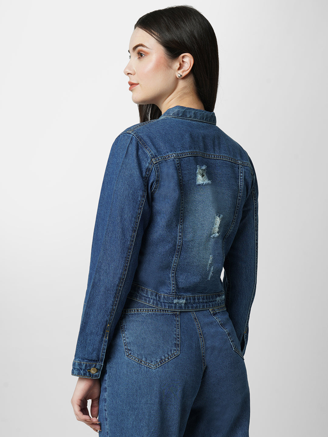 Women Blue Solid Full Length Jacket