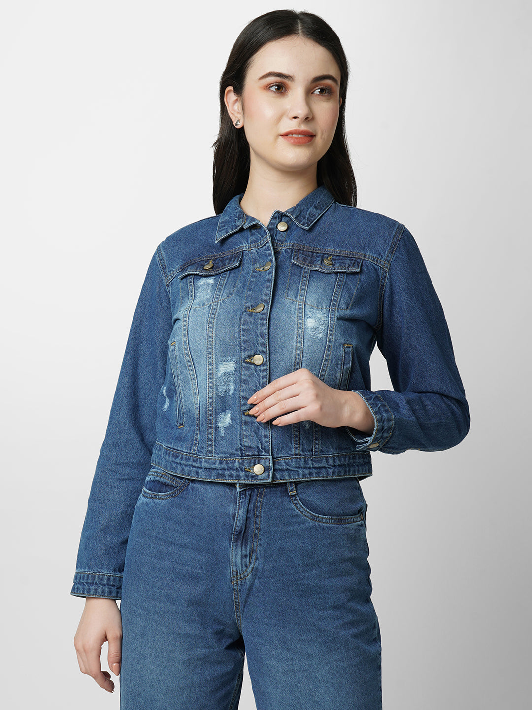 Women Blue Solid Full Length Jacket