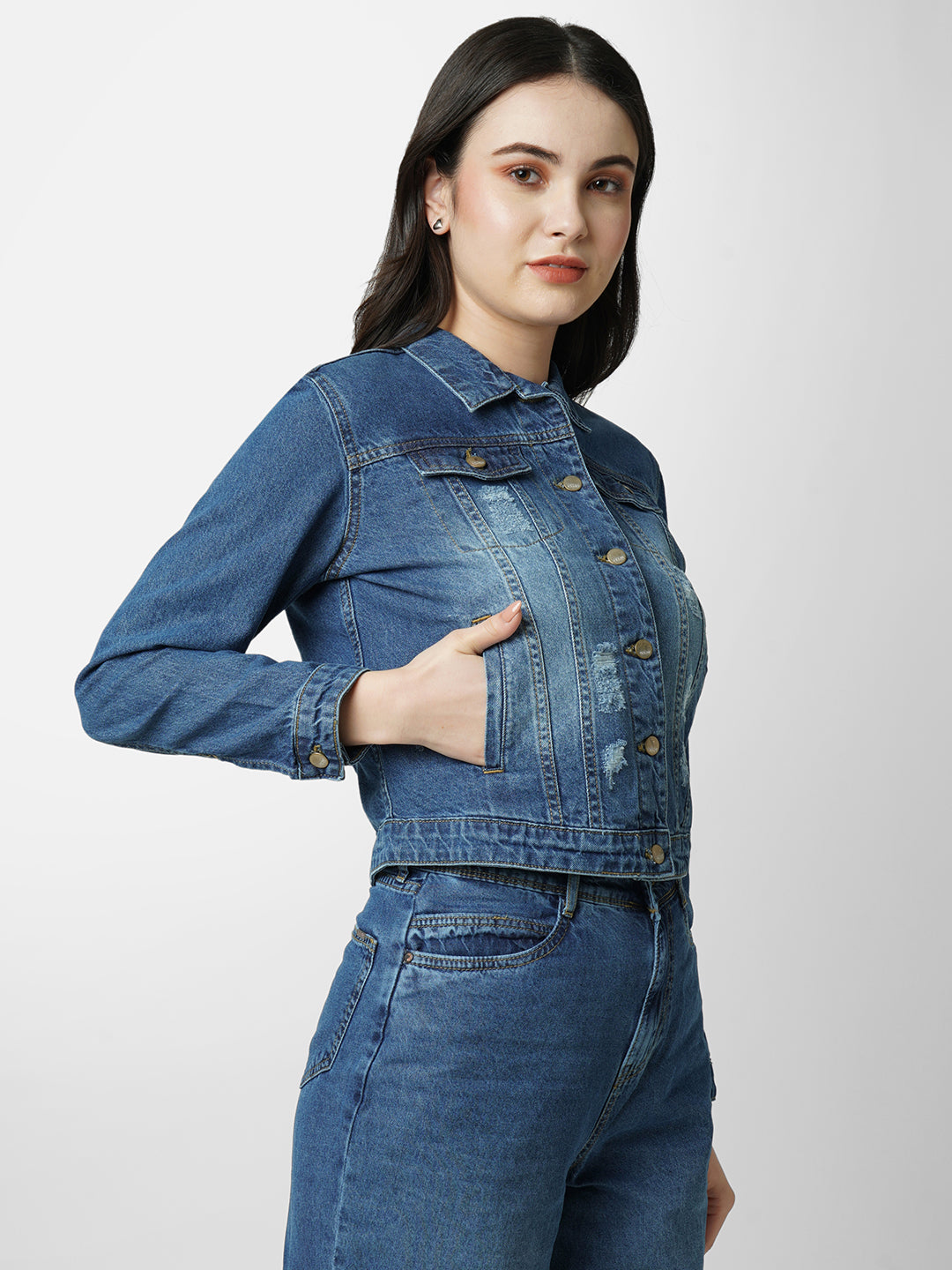 Women Blue Solid Full Length Jacket