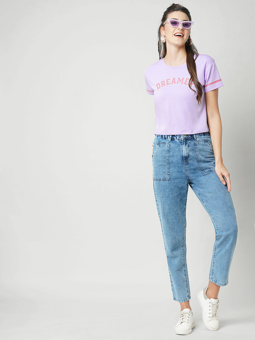 Women Slim Fit Lilac Crop Graphic Tees