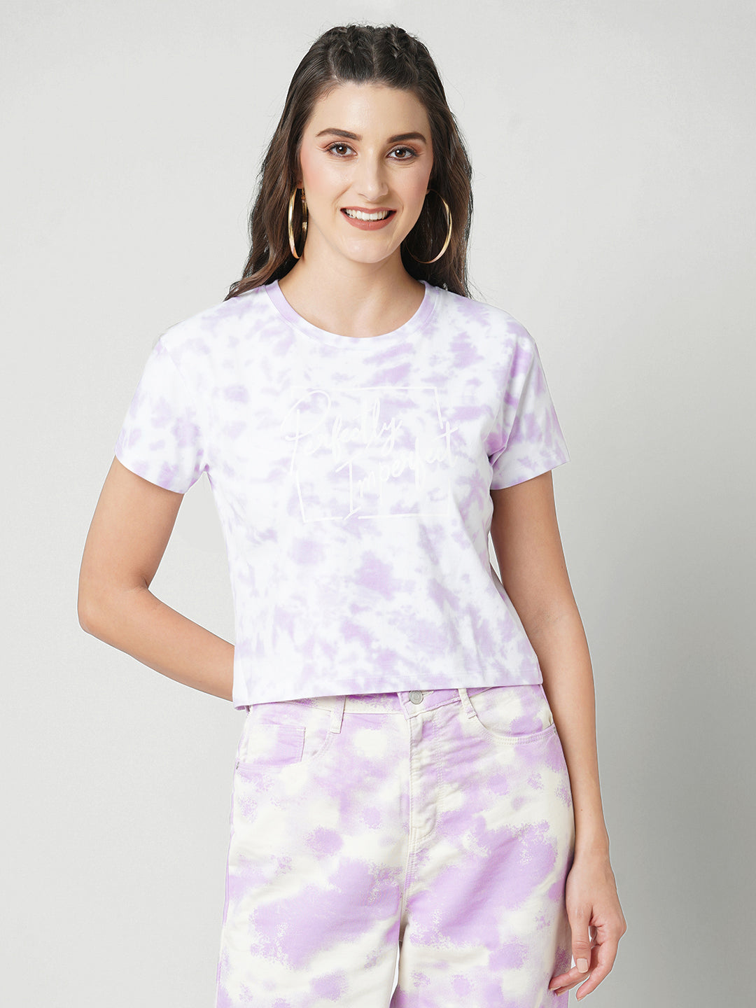 Women Lilac Tie & Dye Slim Crop Tees