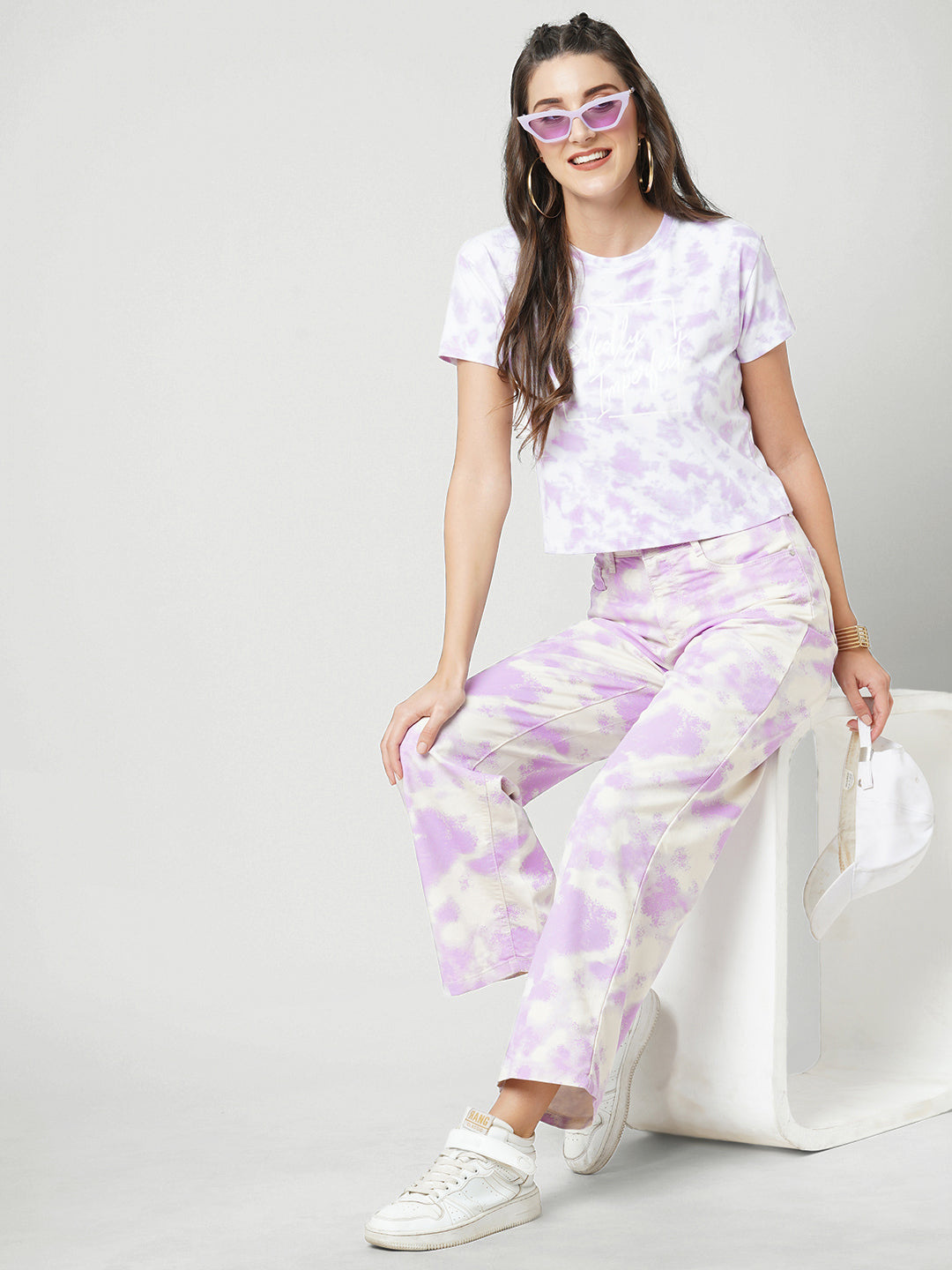 Women Lilac Tie & Dye Slim Crop Tees