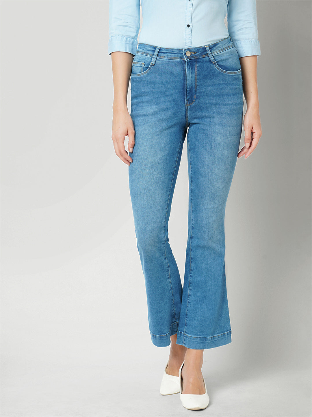 Women Blue High-Rise Mini Flare Jeans