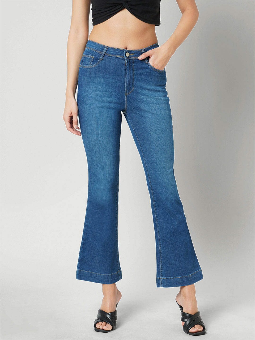 Women Navy High-Rise Mini Flare Jeans
