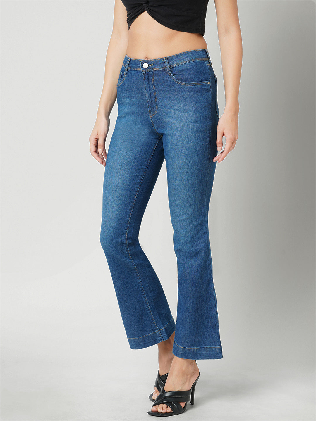 Women Navy High-Rise Mini Flare Jeans