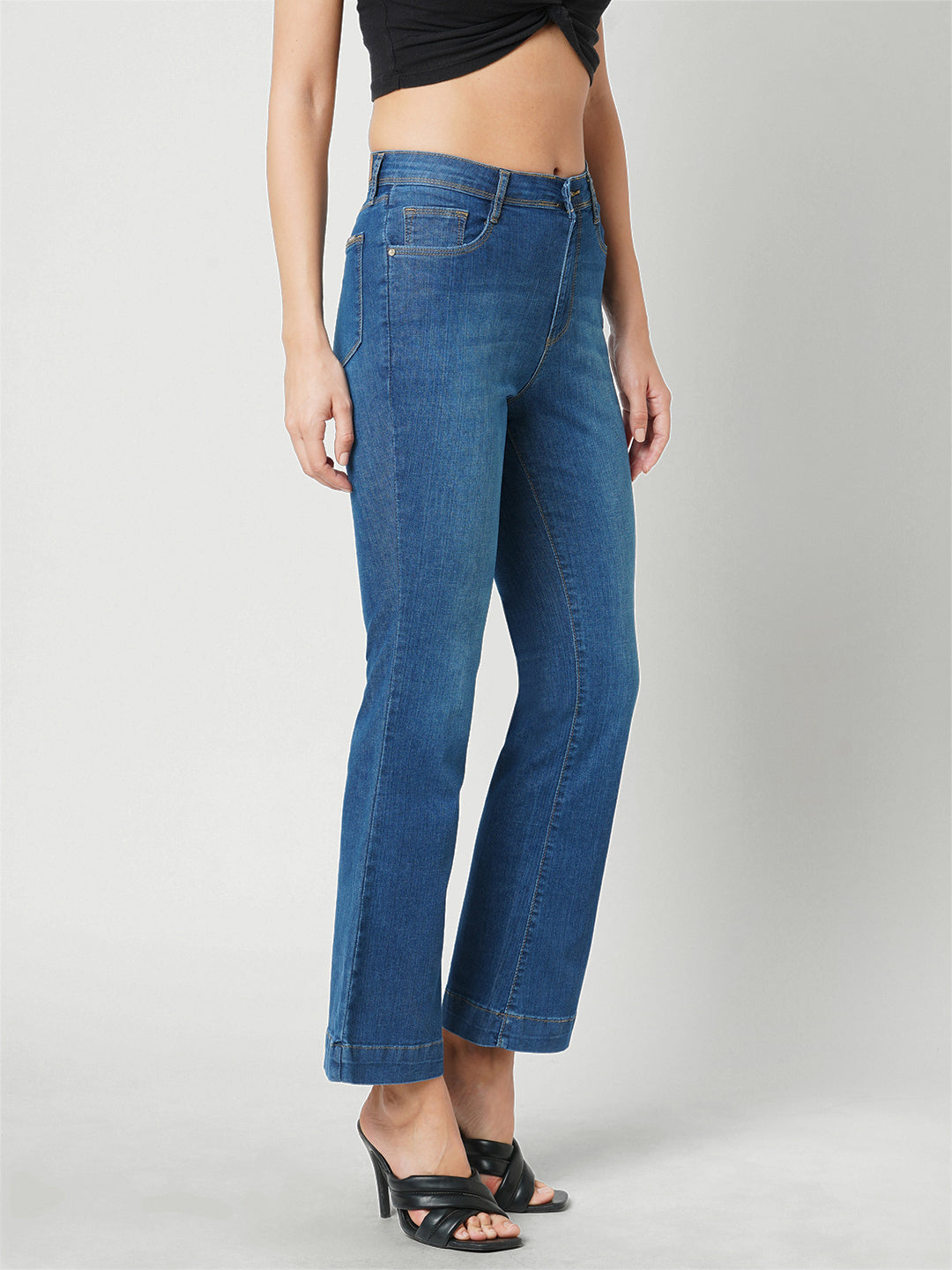 Women Navy High-Rise Mini Flare Jeans