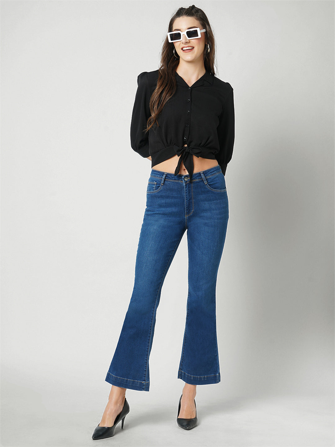 Women Dark Blue High-Rise Mini Flare Jeans