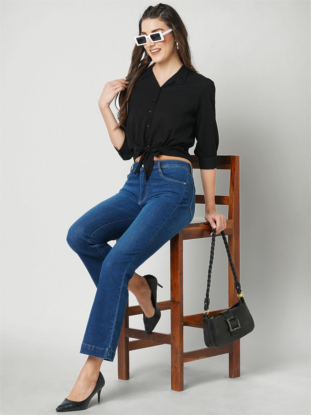 Women Dark Blue High-Rise Mini Flare Jeans